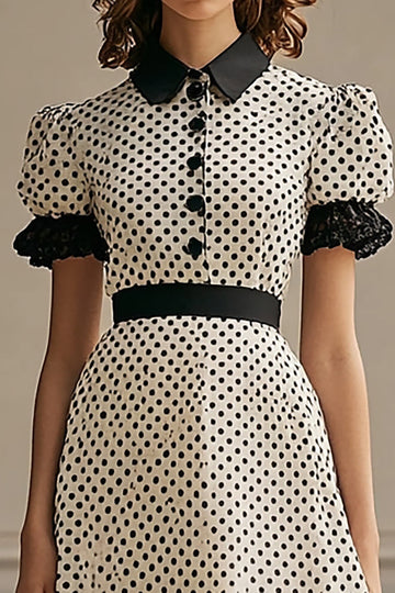 Black and White A Line Midi Short Sleeves Polka Dot Dress with Ruffles